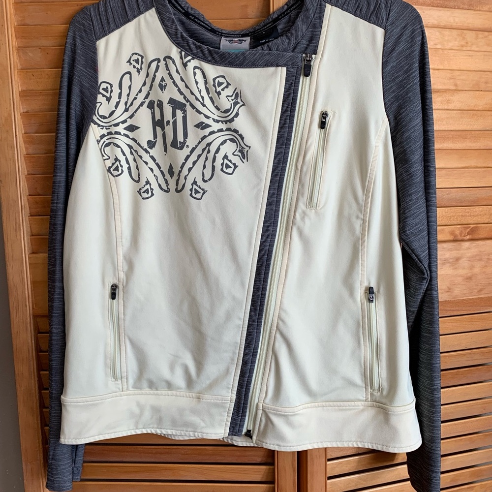 Harley Davidson sz L yellow and grey jacket. Full zip front. 89% poly, 11% Lycra